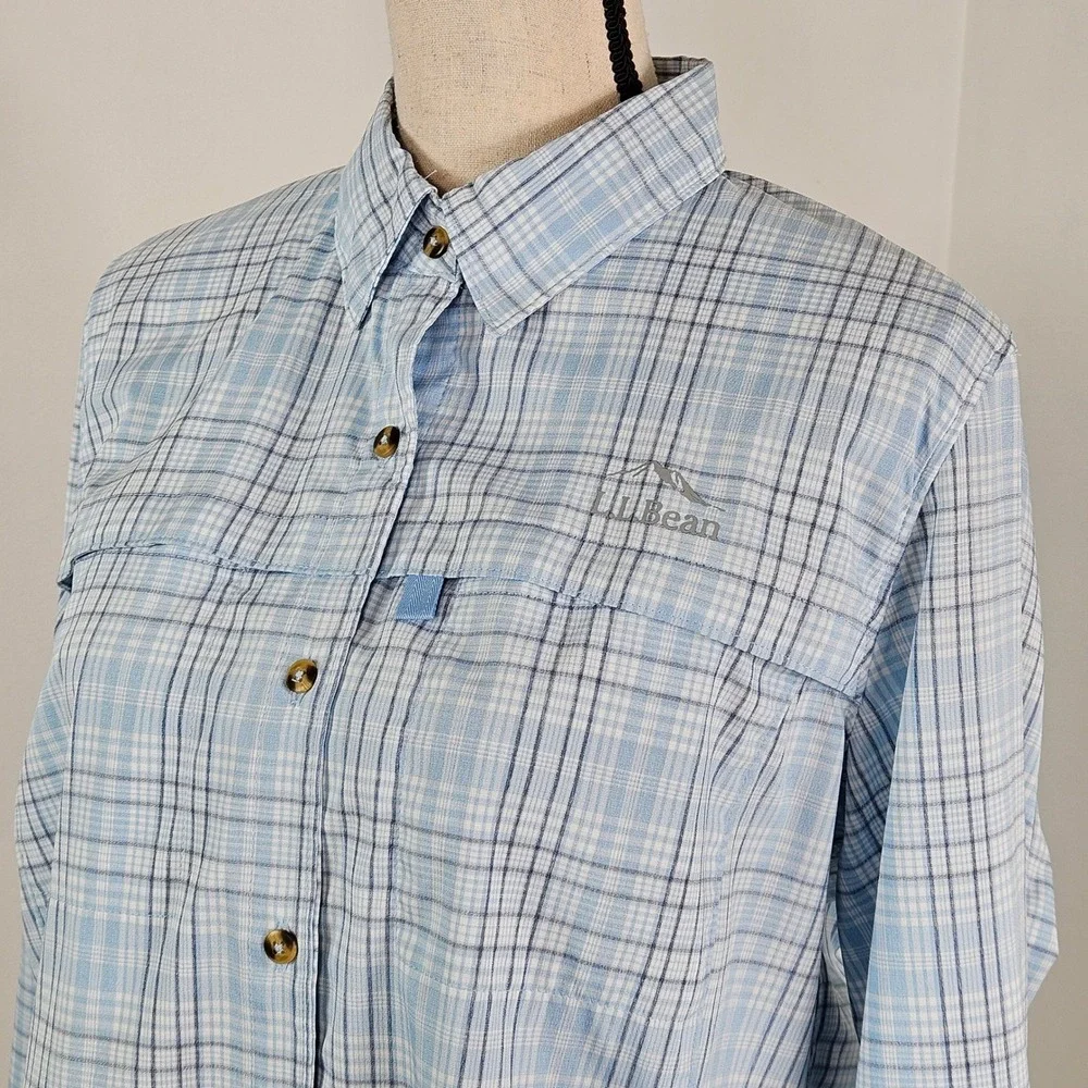 LL Bean Long Sleeve Roll Tab Blue Plaid Vented Shirt Fish Hike Womens M UPF 50 - Picture 4 of 16
